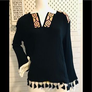 NWOT Black tassel tunic with pink/yellow trim.